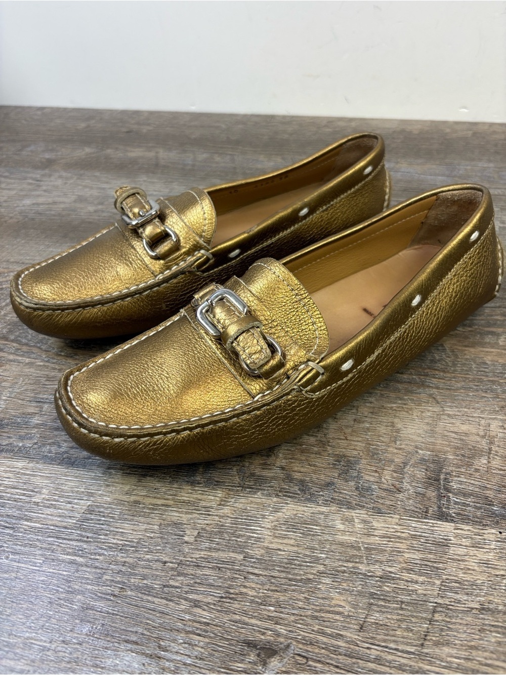 Prada Metallic Gold Leather Driving Loafers – Size 38 (US 8)